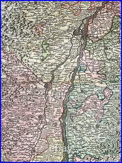 Alsace Rhine River France Germany 1710 Jb Homann Large Antique Map 18th Century