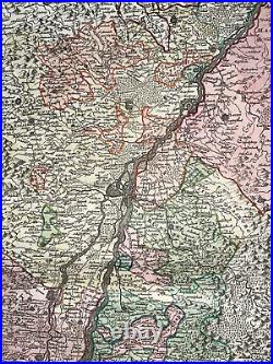 Alsace Rhine River France Germany 1710 Jb Homann Large Antique Map 18th Century
