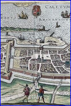 Antique Braun Hogenberg Map Calais France Colored Atlas Town Print 16th Century