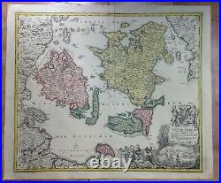 Denmark Islands Jb Homann 1720 Large Antique Copper Engraved Map 18th Century