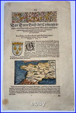 FRANCE c. 1548 SEBASTIAN MUNSTER UNUSUAL ANTIQUE WOOD ENGRAVED MAP 16TH CENTURY