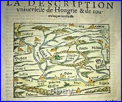 Hungary 1568 Sebastian Munster Antique Wood Engraved Map 16th Century