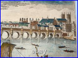 LONDON WESTMINSTER BRIDGE c. 1750 LARGE ANTIQUE OPTICAL VIEW 18TH CENTURY