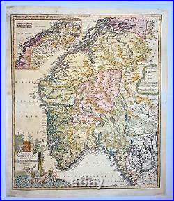 Norway 1720 Jb Homann Large Nice Antique Engraved Map 18th Century