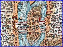 Old Paris France Rossingol Map 1576 Hand Colored Antique Watercolor Aquatint
