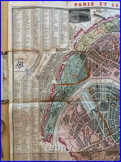 Paris France 1860 Folding Travel Map 19th Century Antique