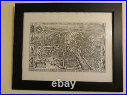 Reproduction French Framed engraving map of Paris 15th century 21 x 17 inches