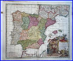 Spain Portugal Matheus Seutter 1730 Nice Large Antique Map 18th Century
